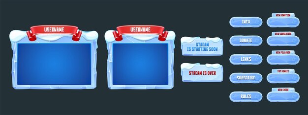 game streaming overlay panels and buttons with ice texture and snow. template of webcam video app design. vector cartoon set of live stream frames in winter style for show gaming process