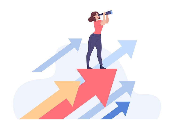 Zdarma Vektor girl standing on growing arrows and looking through binoculars. woman searching for opportunity or job flat vector illustration. business strategy, goal, pathway, career concept