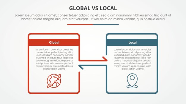 global vs local versus comparison opposite infographic concept for slide presentation with big box outline and arrow direction with flat style