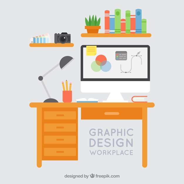 Graphic design workspace background with desk and tools