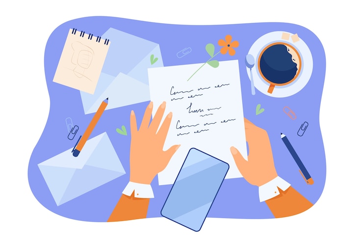 Zdarma Vektor hands of character writing letter at desk with papers, pencil, envelopes and coffee cup.