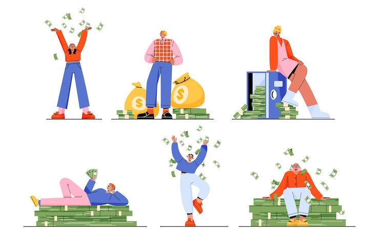 Zdarma Vektor happy rich people with stacks of cash money bags