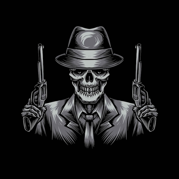 Zdarma Vektor ilustrace lebky gangstera s pistolí, vektor