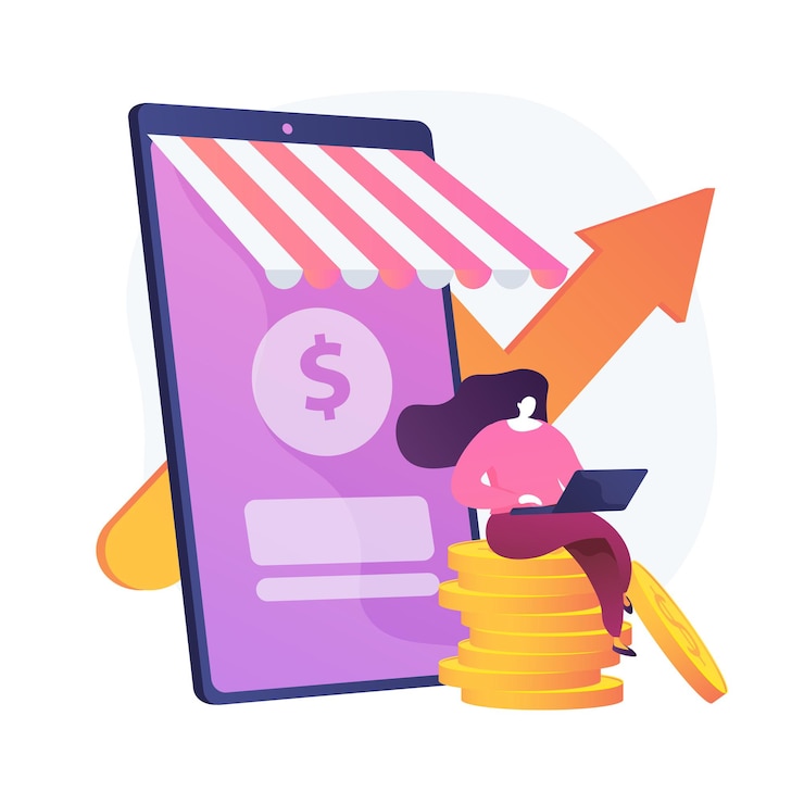 Zdarma Vektor income growth. freelancer sitting on coins and working with laptop cartoon character. money earning, virtual sales, marketing strategy. vector isolated concept metaphor illustration