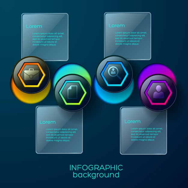infographic with four colorful business pictograms in hexagon shape with circle holes and text descriptions