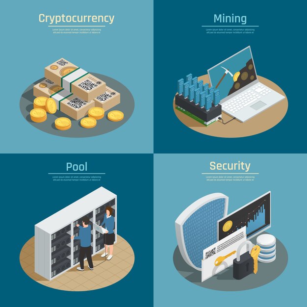 Isometric compositions with mining of cryptocurrency, coins and banknotes, pool of system users, security isolated 