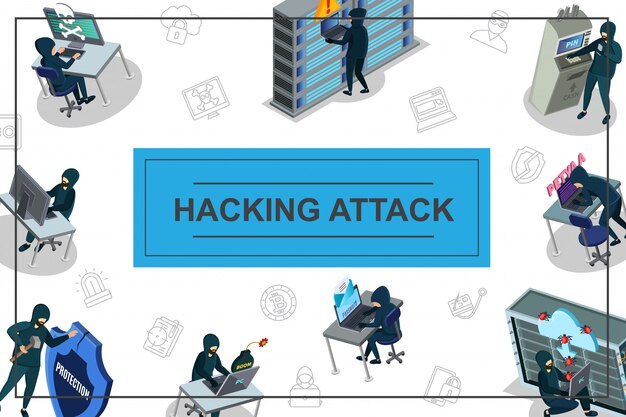 isometric hacker activity composition with hacking of computer mail servers datacenter atm and internet security icons