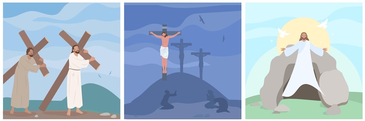 Zdarma Vektor jesus christ crucifixion resurrection way to golgotha flat set isolated vector illustration