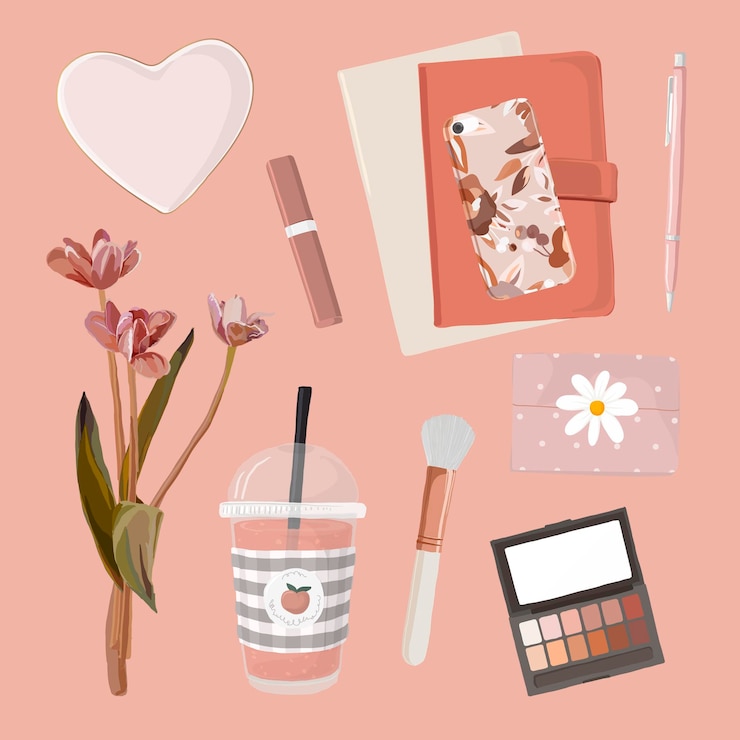 Zdarma Vektor kliparty nezbytností pro beauty blogerky, vektorová sada růžových ženských ilustrací