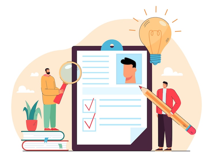 Zdarma Vektor kreslená postava vyplňuje formulář v průzkumu nebo kontrolním seznamu. muž píše test, podepisuje obchodní nebo lékařský dokument plochá ilustrace