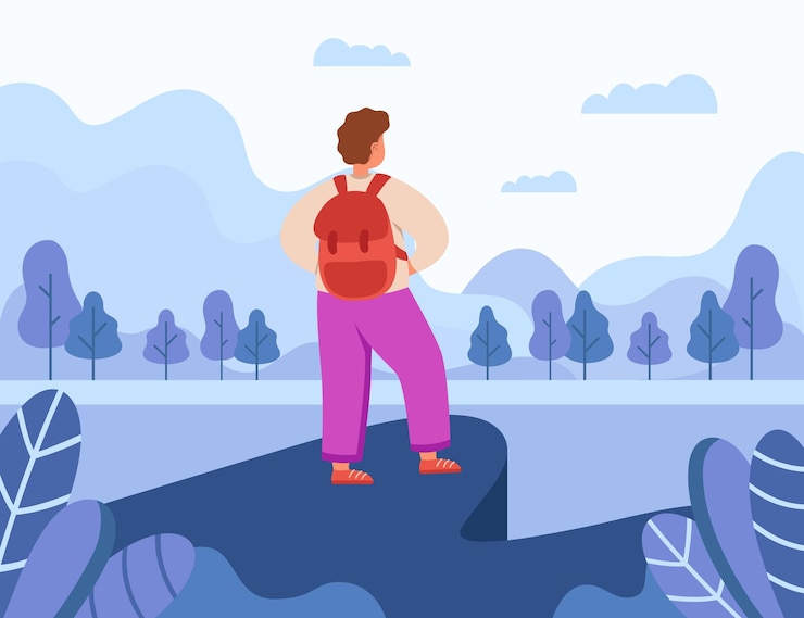 Zdarma Vektor landscape with tourist or hiker character standing on cliff. back view of climber with backpack on adventure or journey, hiking or trekking flat vector illustration. traveling, tourism concept