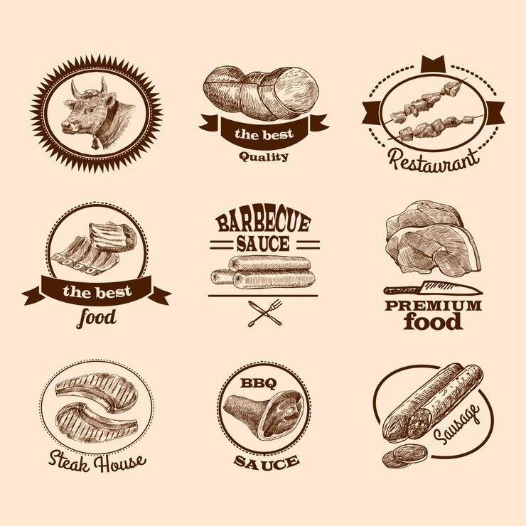 Zdarma Vektor maso, potraviny, nejlepší kvalita, prémiový steak, sada dekorativních štítků, skica, izolovaná vektorová ilustrace