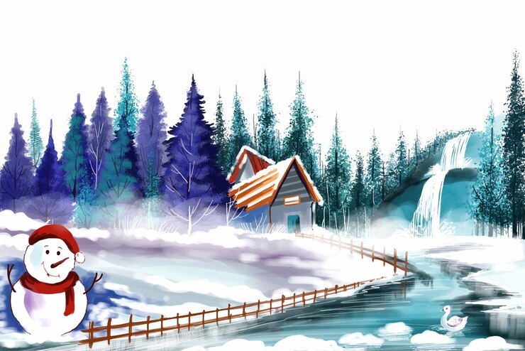 Zdarma Vektor merry christmas tree winter forest landscape background with snowman card design