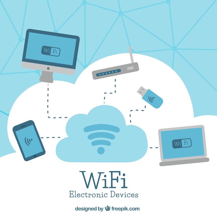 Zdarma Vektor modré a bílé pozadí s wifi signálem a elektronickými zařízeními