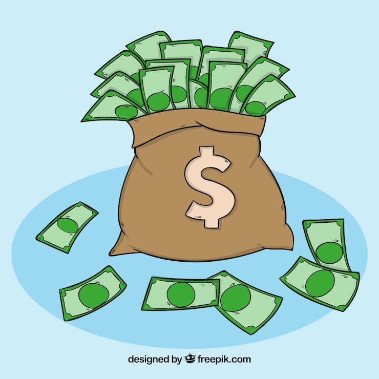 Zdarma Vektor money bag background with hand drawn bills
