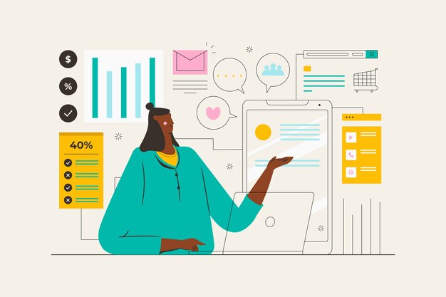 Multitasking concept illustrated with woman character