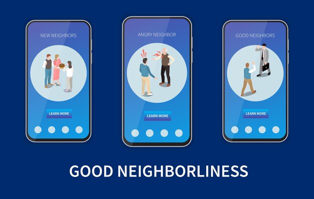 neighbors isometric icons set with good and bad people communication scenes isolated vector illustration