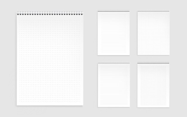 Notebook sheets, blank pages with lines, dots and checks