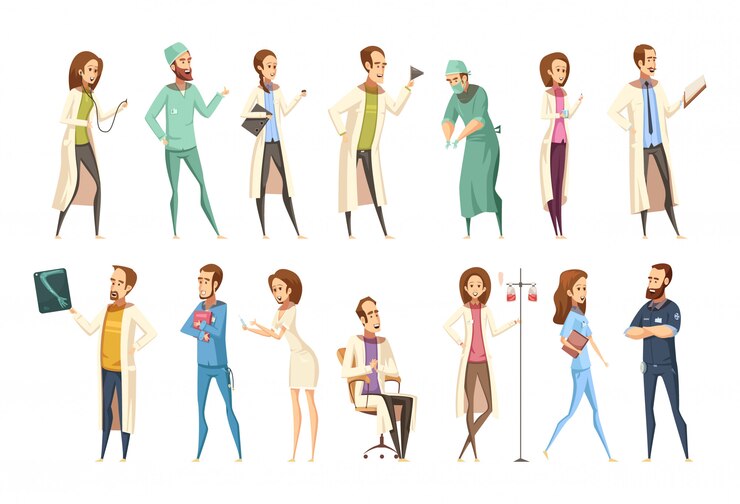 Zdarma Vektor nurse characters set in cartoon retro style with men and women in different activities