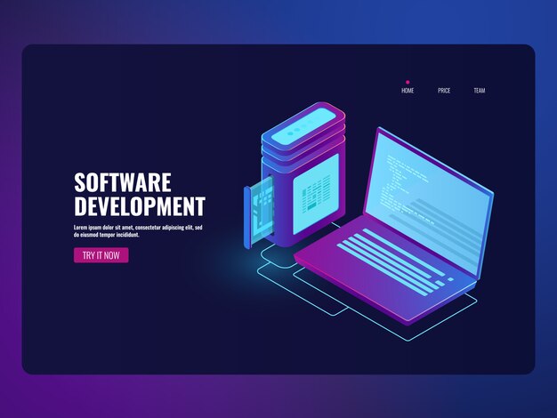 Online banking software, laptop with program code on screen