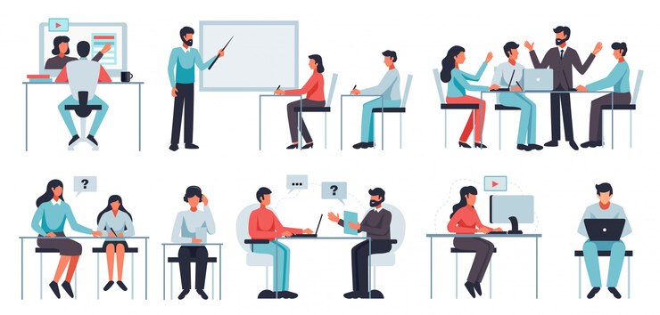 Zdarma Vektor online vzdělávání, sada s plochými izolovanými symboly koučování a workshopů – ilustrace