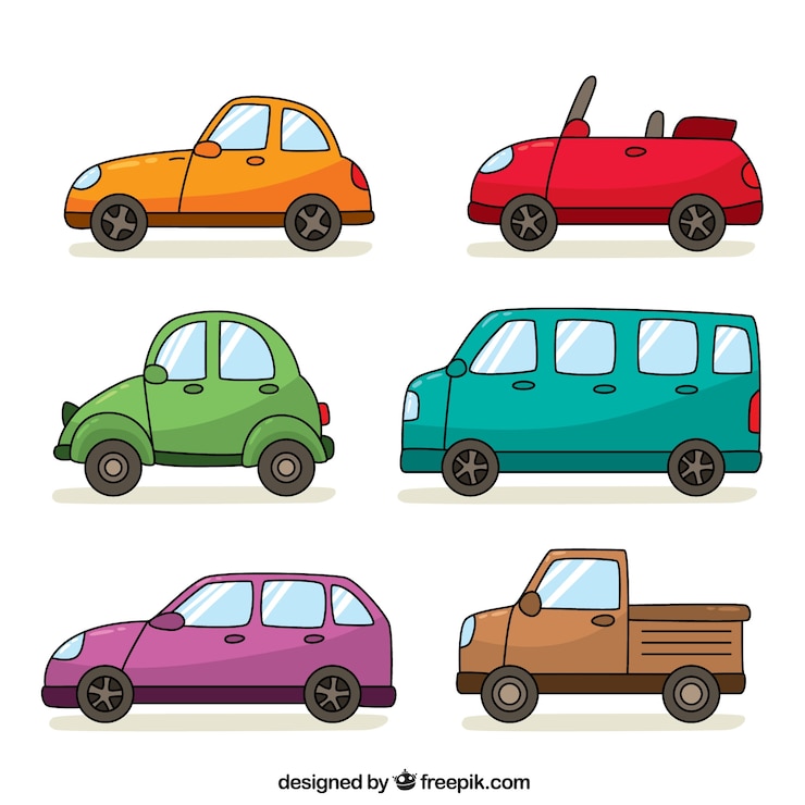 Zdarma Vektor pack of six hand-drawn vehicles