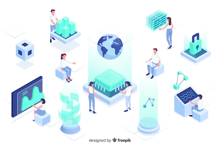 Zdarma Vektor people working with technology isometric design