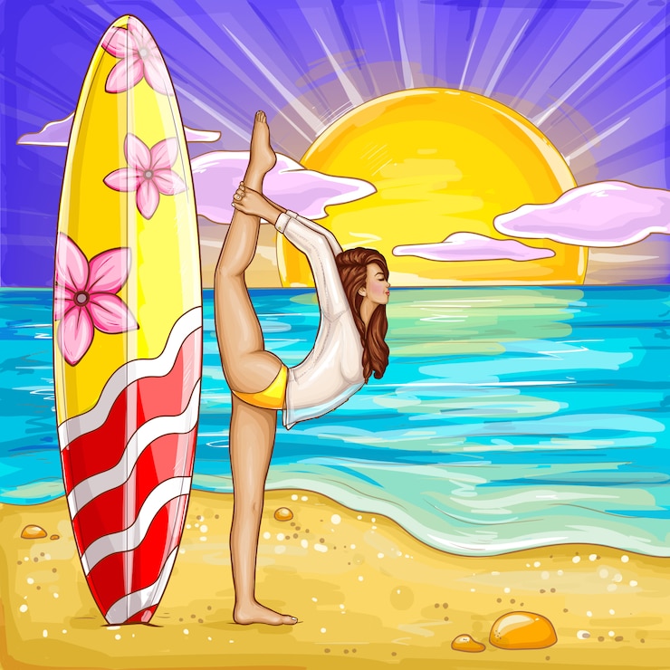 Zdarma Vektor pop art surfing girl doing yoga on the sand beach. 