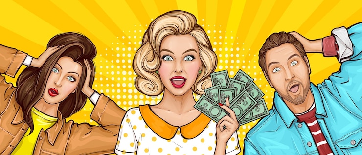 Zdarma Vektor pop art surprised rich girl holding and showing money cash shocked man and woman with wow emotion open mouth and wonder expression on yellow background concept of winnings or sale announcement