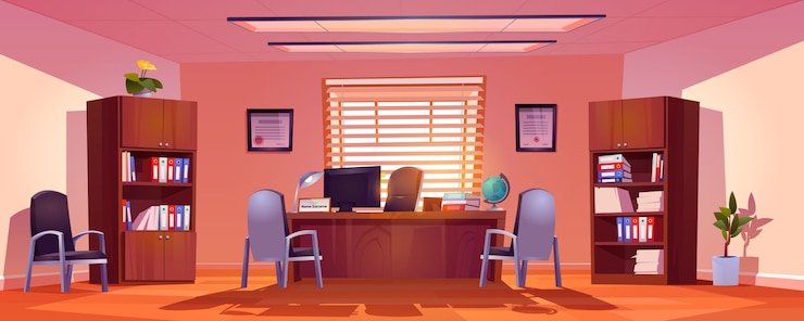 Zdarma Vektor principal school office interior, empty room with director table, computer, books and globe on desk, chairs for visitors and bookcases with files folders, potted plants. cartoon vector illustration