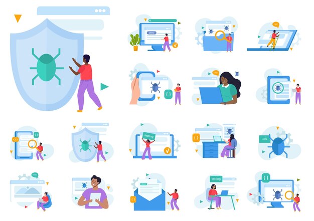 QA engineer set with algorithm testing symbols flat isolated vector illustration
