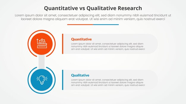 quantitative vs qualitative research data comparison opposite infographic concept for slide presentation with big circle and rectangle box stack with flat style