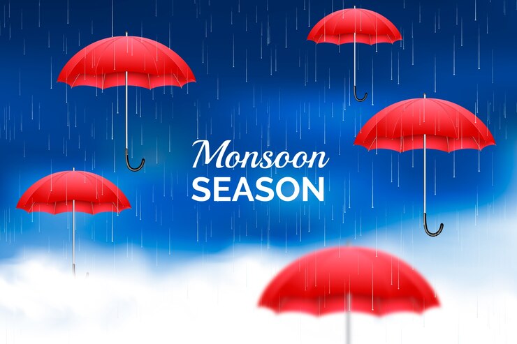 Zdarma Vektor realistic monsoon season background with rain and umbrellas