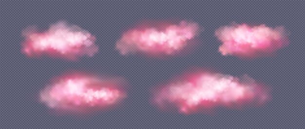Realistic pink clouds set isolated on transparent background Vector illustration of magic light smoke in air sunset or sunrise sky design elements fantastic fairytale mist abstract gas evaporation
