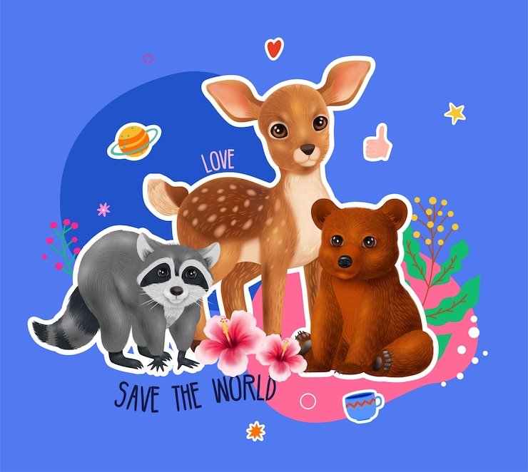 Zdarma Vektor realistic young animal composition with characters of joey racoon deer and bear with flowers and pictograms vector illustration