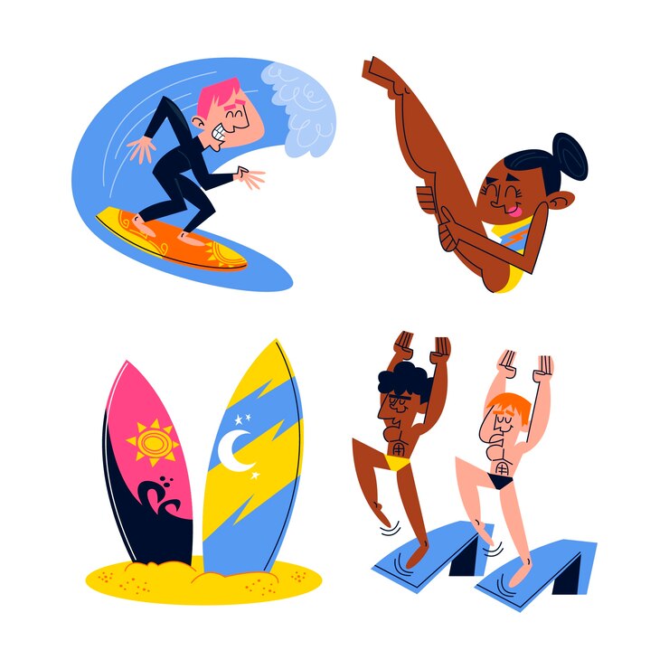 Zdarma Vektor retro cartoon water sports stickers collection