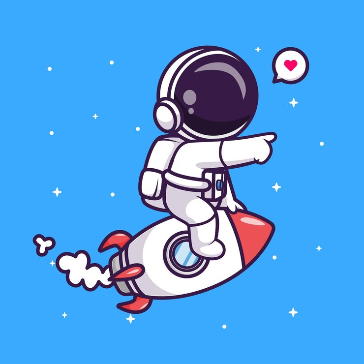 Zdarma Vektor roztomilý astronaut jezdící na raketě a ukazující do vesmíru, kreslená vektorová ilustrace, věda, technologie