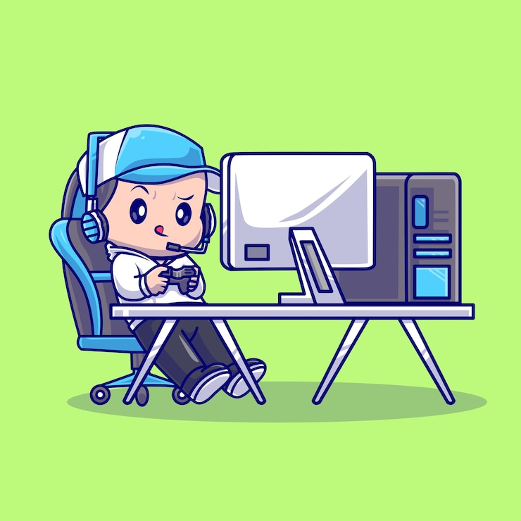 Zdarma Vektor roztomilý chlapec hraje hru na počítači, kreslená vektorová ilustrace ikony. izolovaná ikona technologie lidí