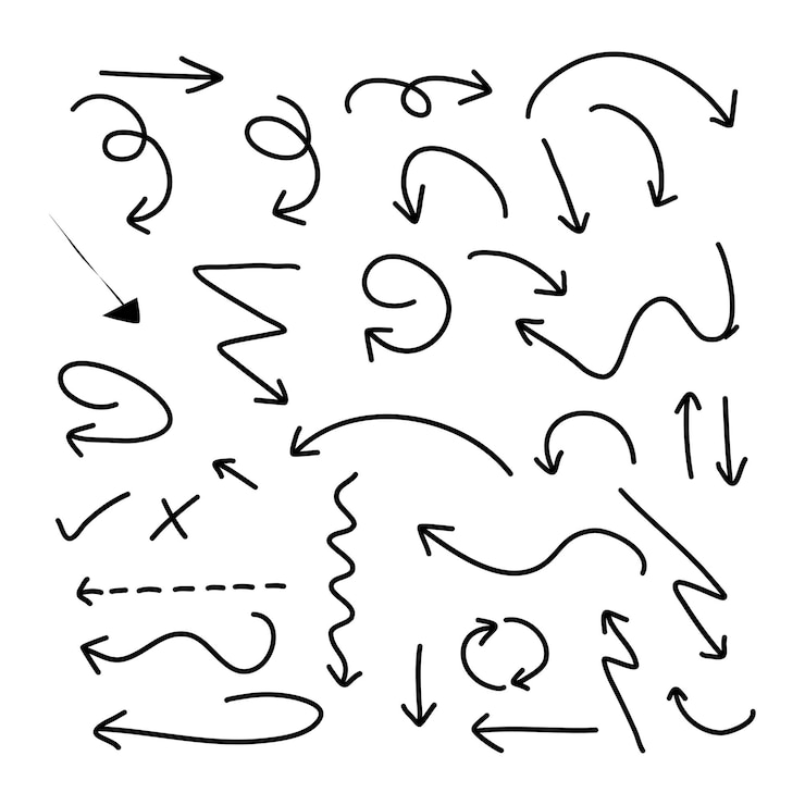Zdarma Vektor ručně kreslená sada šipek, černý znak nebo prvek symbolu doodle design