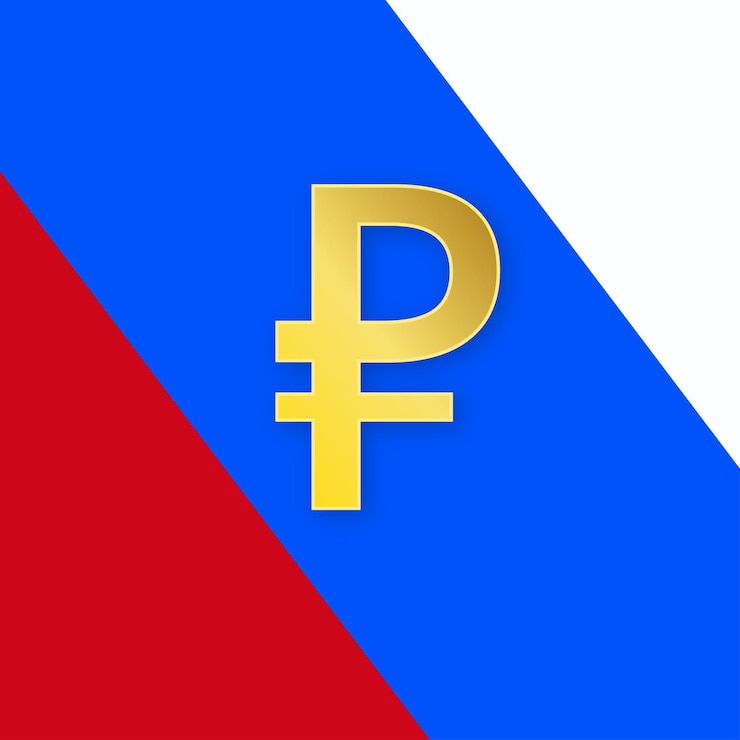 Zdarma Vektor ruský rubl, modré, červené a zlaté pozadí, banner s návrhem pro sociální média, vektor zdarma