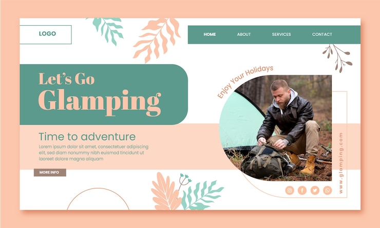 Zdarma Vektor šablona vstupní stránky plochého glampingu