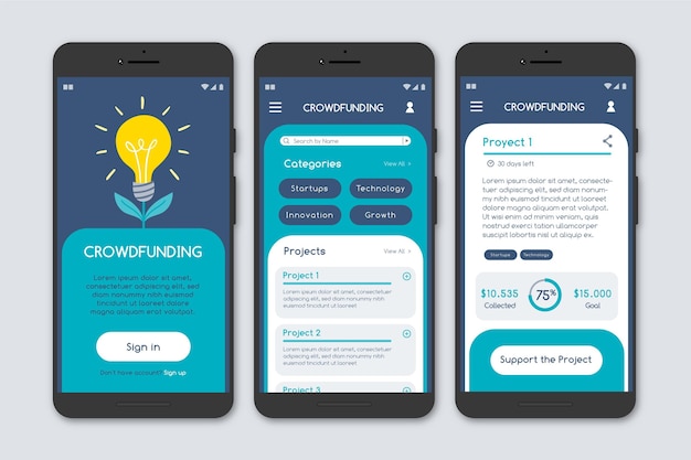 Sada obrazovek pro aplikaci pro crowdfunding
