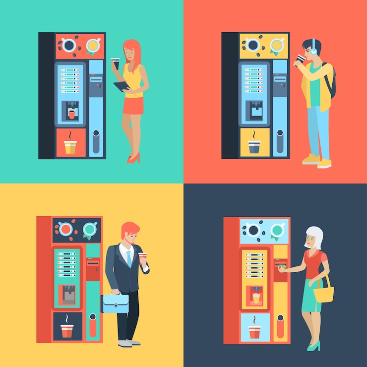 Zdarma Vektor set of man woman before coffee automatic machine. flat people lifestyle situation coffee break.  illustration collection of young creative humans.