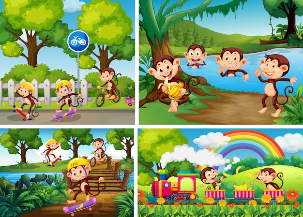 Set of monkey in different background