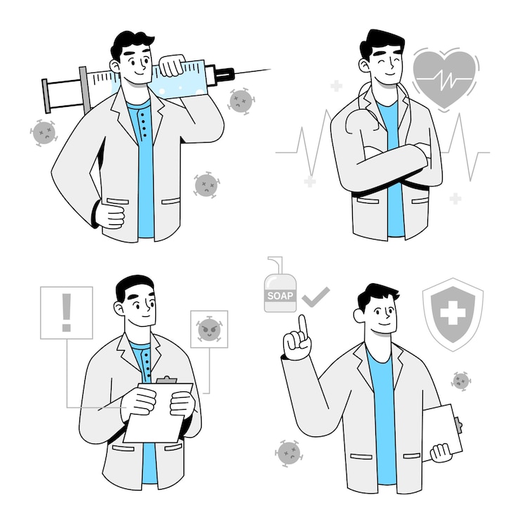 Zdarma Vektor set of young doctor with different action on works in cartoon vector