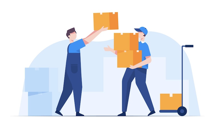 Zdarma Vektor skladový personál v uniformě nakládá balíky a kontroluje produkty ve skladu. doručování a logistika skladování a nákladní doprava doručování a logistika obchodní doručení