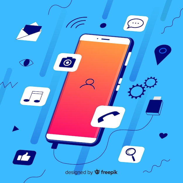 social media concept with isometric mobile phone 