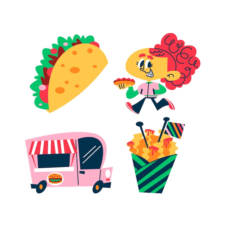 Zdarma Vektor street food sticker set