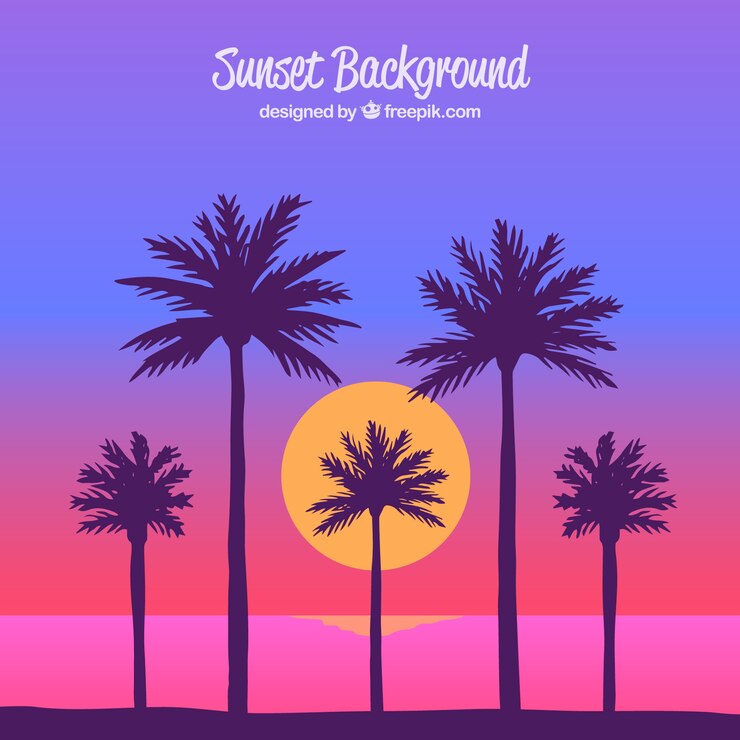 Zdarma Vektor summer background with five palm trees at sunset