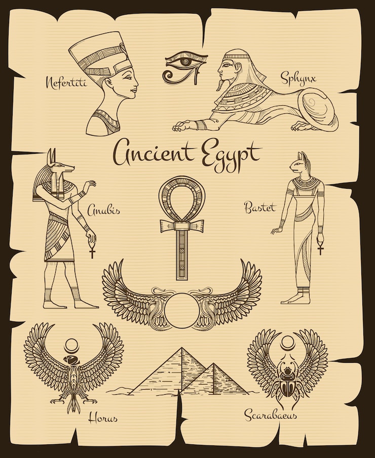 Zdarma Vektor symboly starověkého egypta. sfinga a nefertiti, horus a skarabeus, tradiční náboženství, vektorová ilustrace
